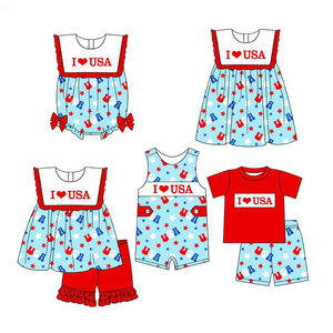Preventa al por mayor: Ropa de fábrica boutique para hermanos, de algodón orgánico suave, con estrellas de I LOVE USA, para bebés (niñas y niños), para el 4 de julio. Pedido mínimo 5 unidades. - Product Image 1