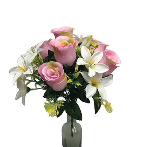 Venta directa de fábrica, seda, Rosa artificial barata, mezcla con lirio, ramo, flores funerarias para el Día de los Caídos - Product Image 5