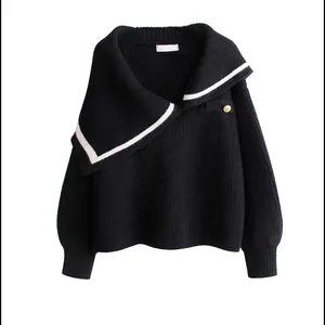 2023 осенний Модный женский вязаный свитер с отложным воротником и длинным рукавом свободного размера