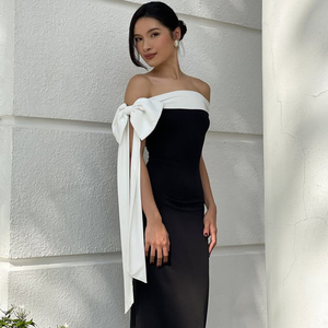 Wholesale Off Shoulder Dress Solid Color Bodycon Midi with Tie Detail Summer New Arrival for Women - Product Image 3