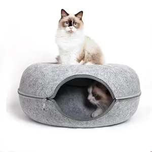 Pieghevole 2 in 1 feltro gatto Tunnel ciambella rotonda lavabile letto Semi chiuso con cerniera gabbia per animali domestici