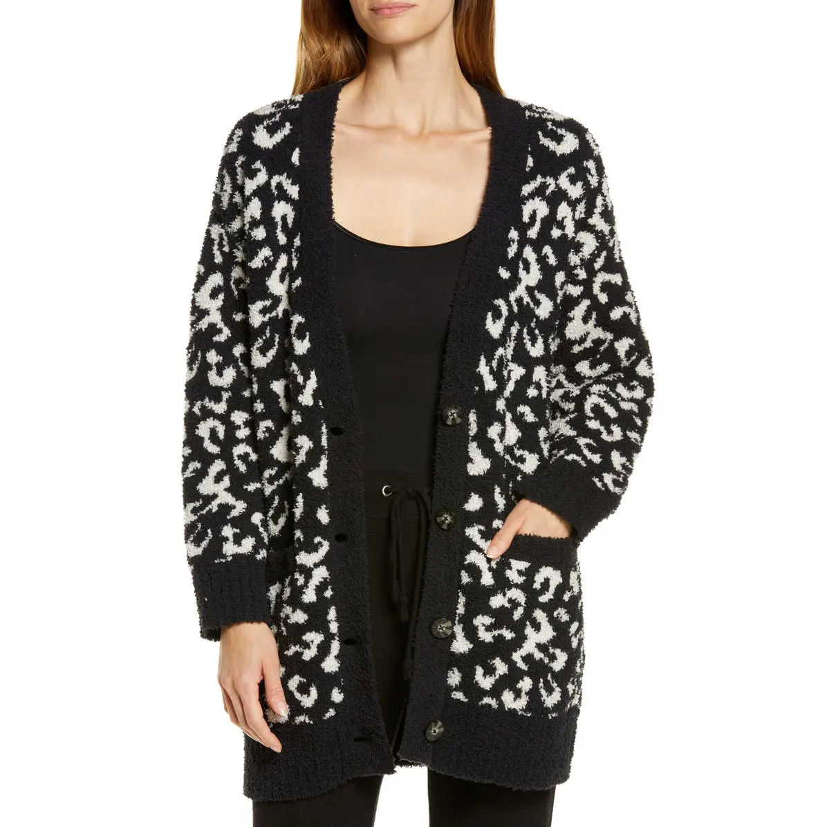 Custom autumn winter V neck plush fluffy knit fashion black leopard cardigan casual designer knitted women's sweater