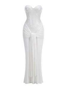 Abito da Sera Sexy <span class=keywords><strong>Senza</strong></span> <span class=keywords><strong>Spalline</strong></span>, Elegante <span class=keywords><strong>Vestito</strong></span> Lungo <span class=keywords><strong>Bianco</strong></span> con Drappeggio e Lustrini, Abito da Festa per Donne - Product Image 3