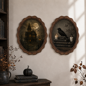 Farmhouse Halloween Oval Wall Art Ghost Black Cat <b>Witch</b> Hat Pumpkin Vintage Oil Painting Spooky Autumn Living Room Hanging <b>Decor</b> - Product Image 4