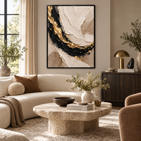 Art mural abstrait luxueux noir et or, peinture sur toile texturée 3D beige pour la décoration du hall d'hôtel, de la villa, du salon