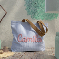Sac de plage en seersucker personnalisé avec nom, cadeau personnalisé pour demoiselle d'honneur, sac à bandoulière rayé d'été pour enterrement de vie de jeune fille, voyage entre filles