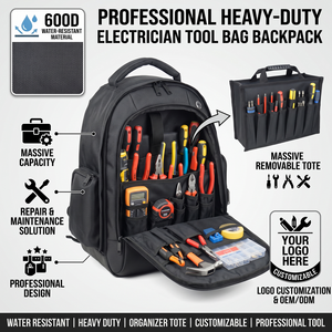 600D Water Resistant 6.7 × 14.6 × 18.3 in Electrician <b>Tool</b> <b>Backpack</b> Repair Zippered <b>Backpack</b> - Product Image 1