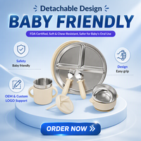 Ensemble d'ustensiles pour tout-petits en silicone et acier inoxydable : fourchette, cuillère, bavoir, bol, assiette avec couvercles, assiette à ventouse en silicone pour l'alimentation