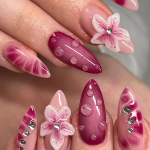 24 Uñas Postizas Románticas <span class=keywords><strong>de</strong></span> <span class=keywords><strong>Color</strong></span> <span class=keywords><strong>Rosa</strong></span>, Diseño Floral 3D con Detalles <span class=keywords><strong>de</strong></span> Cristal, Uñas a Presión, Personalizables - Product Image 1