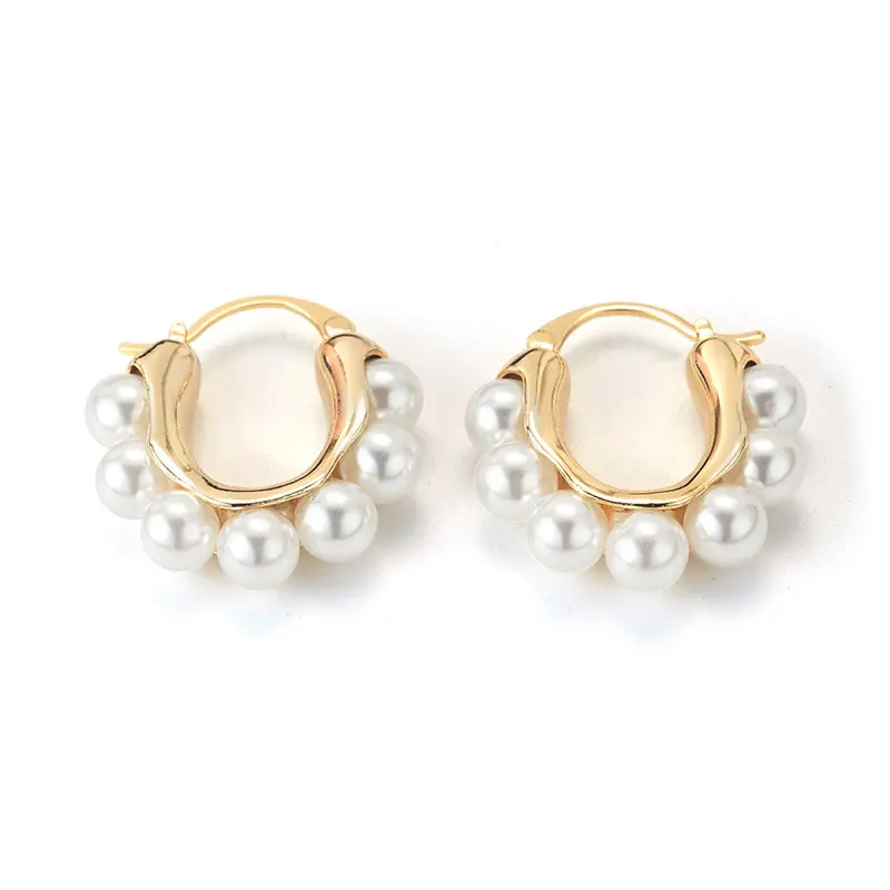 Europe High Quality 18K Gold Plated Pearl Stud Earrings Retro Hoop Clip On Pearl Hoop Earrings for Women