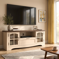 Soporte de TV de Dos Tonos Estilo Rústico para TV de 60-64 Pulgadas, OEM ODM, con Puertas de Vidrio Acanalado, Estante para Barra de Sonido, Cajón y Base Arqueada