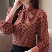 Chemise à manches lanternes tendance pour femmes, automne-printemps, col à nœud, boutonnage simple, chemises de travail de bureau, chemises à carreaux vintage
