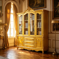Bibliothèque de luxe européenne en bois massif, vitrine en verre sculptée dorée, armoire de rangement pour villa et maison, vente en gros