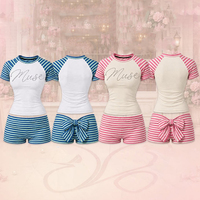 Nieuwe collectie dames 2-delige lounge set van zacht katoen, casual strepen, korte mouwen en shorts met strik, dameskleding