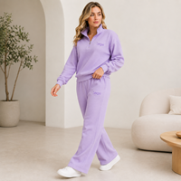 Ensemble deux pièces pour femme ODM, pull à col zippé texturé gaufré, pantalon droit à taille élastique, survêtement décontracté et confortable