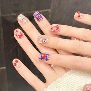 [Decoración de Nieve de Cereza] Uñas Postizas de Dibujos Animados con Diseño de Muñeco de Nieve de Cereza, Uñas Cortas, Lindas y <span class=keywords><strong>Divertidas</strong></span>, con Diseño de Cuadrícula y Lazo - Product Image 5