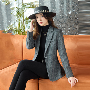 Womens Wool Blazer Dark Gray Solid Color Anti-Wrinkle Autumn Winter Casual Top Coat - Product Image 4