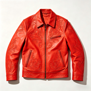 Giacca in Pelle da Uomo <span class=keywords><strong>di</strong></span> Alta Qualità, Motivo Goffrato e Ricamato, Giacca Rossa in Vera Pelle, Taglie Grandi Disponibili - Product Image 1