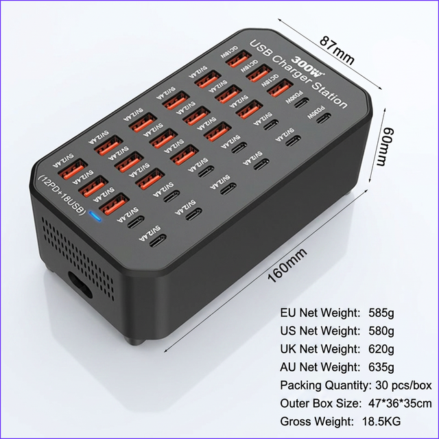 12C+18A True 300W Output 30 Port Usb c Hub for Conference Room Dynamic Power Distribution Auto-detect Smart IC
