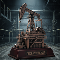 Trophée plateforme pétrolière en cristal fait main, en laiton et bois rouge, artisanat métallique doré découpé et gravé