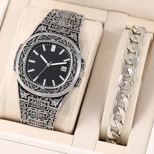 6019 Nieuwste Vintage Stijl Kristallen Horloges Mannen Pols Gesneden Dadelquartz Stalen Horloge Voor Man Met Zilveren Armband