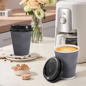Gobelets à café jetables gris avec couvercles, gobelets à café en papier à paroi ondulée isolée, adaptés aux boissons chaudes/froides au <span class=keywords><strong>chocolat</strong></span> ou au <span class=keywords><strong>cacao</strong></span> - Product Image 1