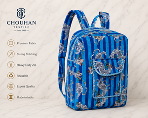 Blue Quilted 600D Oxford Student <b>Backpack</b> Tiger <b>Print</b> Zipper School Lightweight Foldable Detachable 15 Inches Travel - Product Image 2