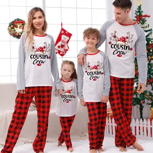 Wholesale Cartoon Family Matching Pajamas Christmas Sleepwear Long Sleeve Sleep Shirt with Plaid Pants