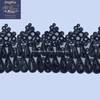 Bande de dentelle à sequins et perles lourdes en gros, 5 pouces de large, bordure en maille noire 100 % polyester pour la couture d'abayas/kaftans