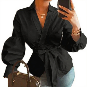 Blusa Negra Cruzada para Mujer con Mangas Abullonadas, Cuello Camisero, Color Sólido, Poliéster, Corte Regular, para Todas las Temporadas - Product Image 3