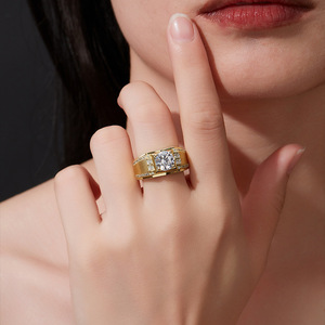 Men's Yellow <b>Gold</b> <b>Cocktail</b> <b>Ring</b> With Round Brilliant Moissanite Shield Setting Pave Accents Classic Style Engagement <b>Ring</b> - Product Image 4