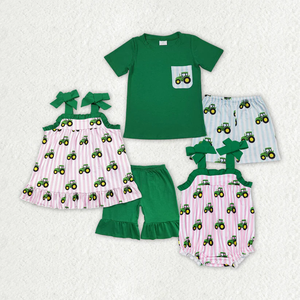 Ensembles d'été décontractés pour bébés et tout-petits, imprimés tracteur de ferme, tenues assorties pour frères et sœurs, barboteuses bulles, vêtements de boutique pour enfants en gros - Product Image 1