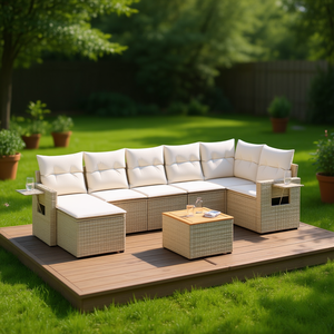 Ensemble de canapés de jardin en rotin beige 6 places, mobilier d'extérieur résistant aux intempéries, design contemporain, structure en osier - Product Image 2