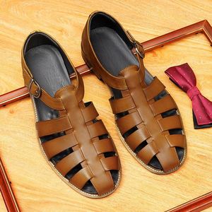 Sandales plates décontractées d'été pour hommes, sandales en cuir véritable respirantes de haute qualité, sandales de marche en plein air - Product Image 3