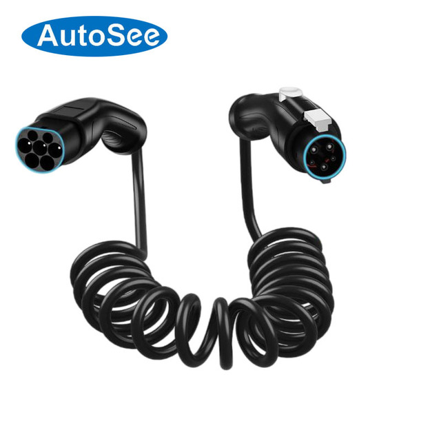 Coiled Type2 to Type1 EV Charging Cable Spiral Retractable Mode 3 Cord IEC 62196 to SAE J1772 Car Charger Wire 16A 32A