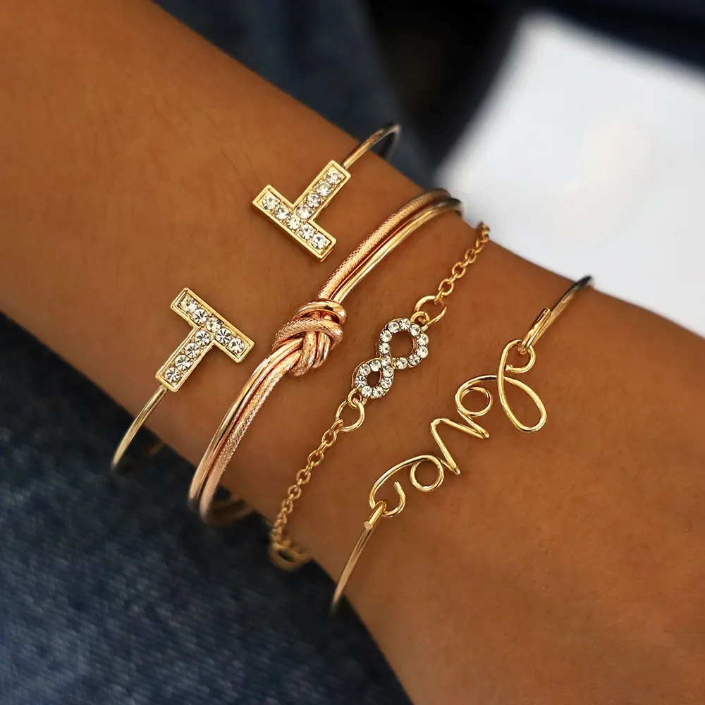Sínlan conjunto de pulseira aberta, conjunto de pulseira clássica dourada/prateada com laço de metal, alfabeto de amizade