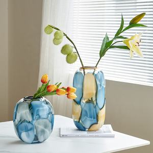 Bixuan Contemporary Soda-lime Abstract Blue Gray Warm Yellow <strong>Pebble</strong> Design Handblown <strong>Glass</strong> <strong>Vase</strong> <strong>for</strong> Table Decorative Floral - Product Image 1