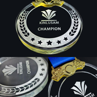 Logo personnalisé Médaille ronde Plaque en cristal Trophée de plaque en verre transparent avec support en métal