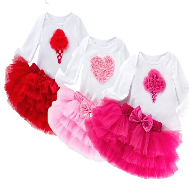 Newborn Tutu Dress Set Baby Valentine's Day Long Sleeve Princess Party Skirt And Matching Romper