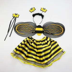 4pcs女孩蝴蝶蜂裙套装，带1对翅膀天线头带条纹连衣裙和魔杖万圣节女孩服装