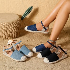 <span class=keywords><strong>Sandalias</strong></span> Planas de Paja y Mezclilla para Mujer, Estilo <span class=keywords><strong>Pescador</strong></span> Romano, Color Sólido, Ligeras y Antideslizantes - Product Image 1