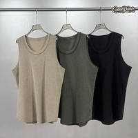 Tank Top Batik U-Neck 325G Waffle, Jahitan Terbalik, Efek Rusak, Bertekstur Vintage, Tanpa Lengan, Langsung dari Pabrik