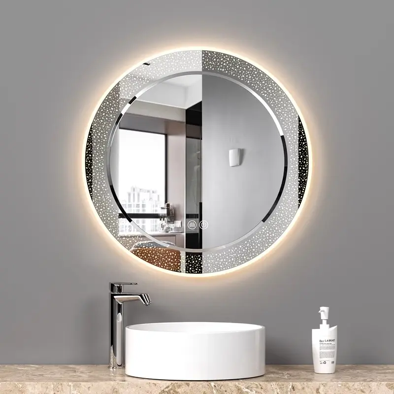 LED intelligente hintergrundbeleuchtung großer runder Wandspiegel Lasergravur beschlagfreie Zeit Badspiegel kreatives Modellieren