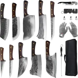 17 adet kasap şef bıçak seti dahil kılıf yüksek karbonlu çelik Cleaver mutfak bıçağı tüm Tang sebze Cleaver ev barbekü