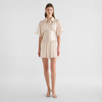 Robe d'été plissée courte en A, couleur ivoire, avec col chemise, manches courtes, boutonnage frontal et taille smockée, pour femme, vente en gros sur mesure
