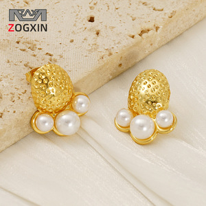 Fashion Stud Earrings Pearl 18K Gold Stainless Steel Geometric Design Party Wear - Product Image 2