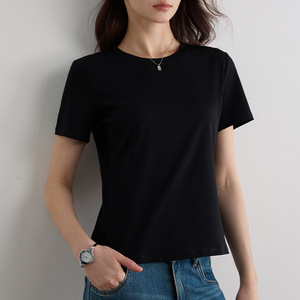 T-shirt basique uni à col rond pour femme, 75% coton mercerisé, 25% polyester, 240 GSM, mélange de coton, pour femmes - Product Image 2