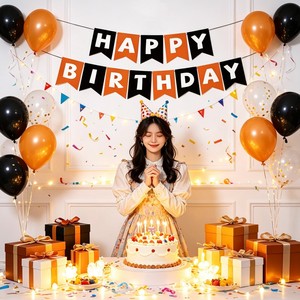 Bannière d'anniversaire, guirlande triangulaire, noir et orange, personnalisable, décoration de fête, grande taille, décorations de scène - Product Image 1