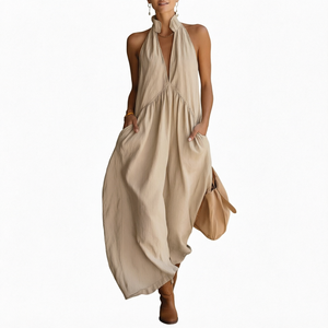 Robe longue d'été pour femme 100% lin, sans manches, col halter, style bohème ample avec poches, ourlet asymétrique, tenue de plage pour les vacances - Product Image 1