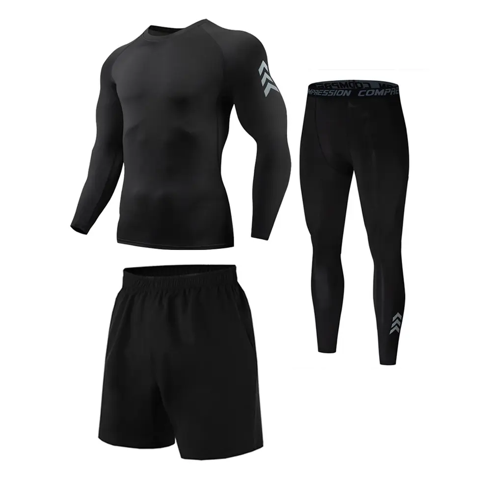 Wholesale Sports Tights Breathable Quick Dry Tracksuit Fitness Warm Clothing Men's Running Suit Tops Pants Shorts 3 Piece Set